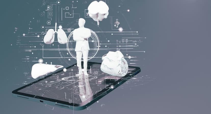 Futuristic digital illustration of a tablet with a 3D professional figure and medical organ icons emerging from the screen, on a dark HUD-style tech background.