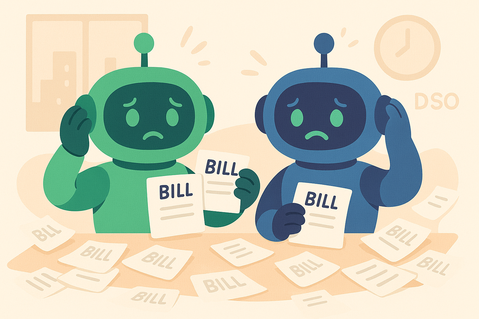 Two AI robots looking worried while holding bills and invoices, representing the challenges of managing accounts receivable and DSO optimization