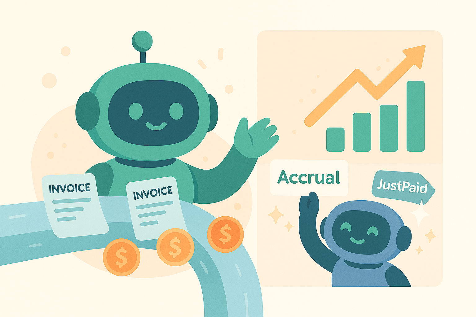 AI robots managing invoices and financial growth with JustPaid branding, showing accrual accounting processes, revenue charts, and automated invoice processing with dollar symbols