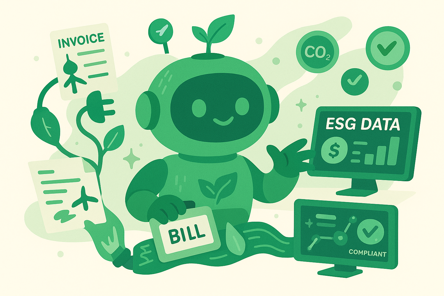 AI robot managing green finance, ESG data, and sustainable billing processes with environmental elements