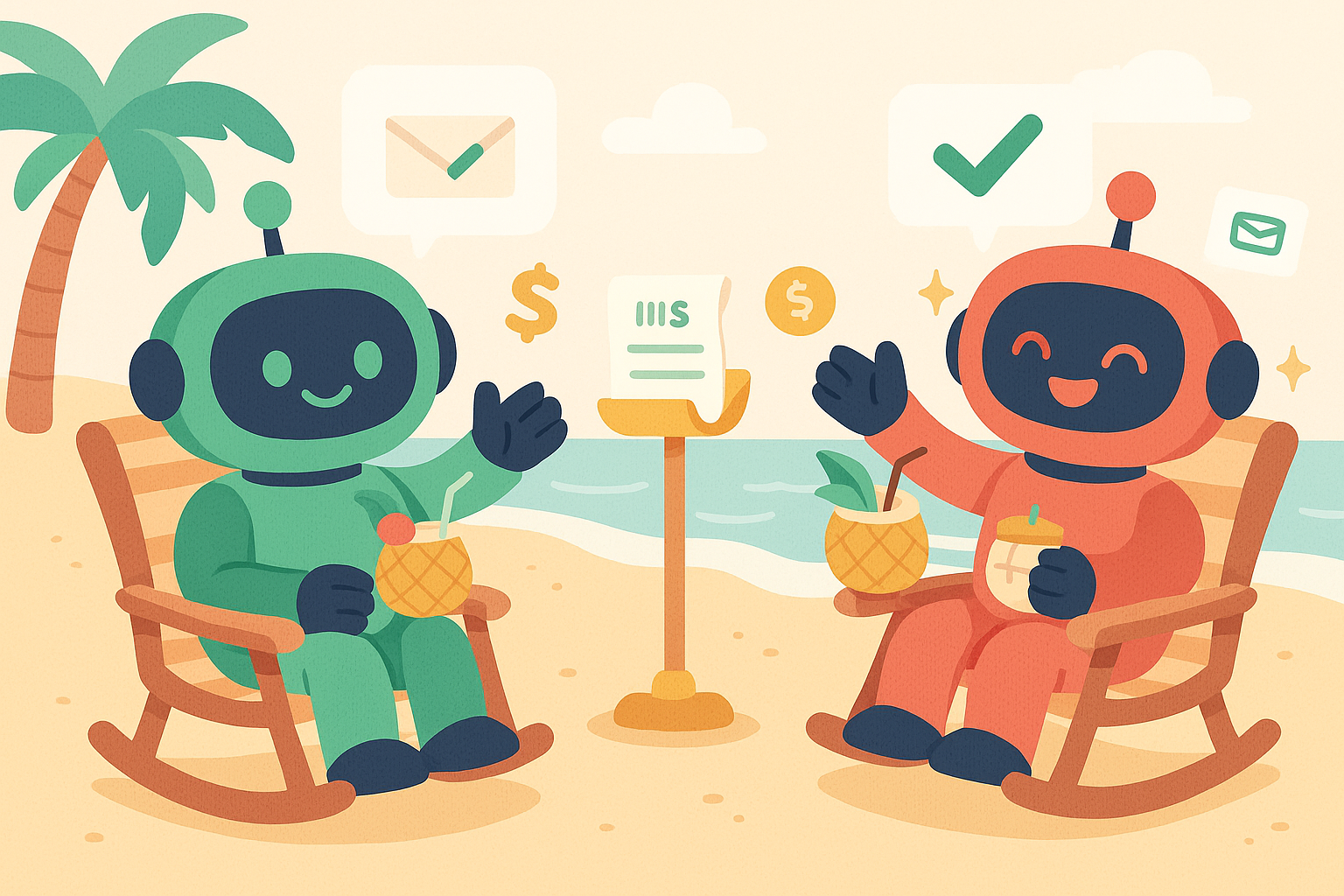 AI robots managing automated accounts receivable operations for SMB businesses, showing invoice processing, cash flow optimization, and streamlined billing workflows