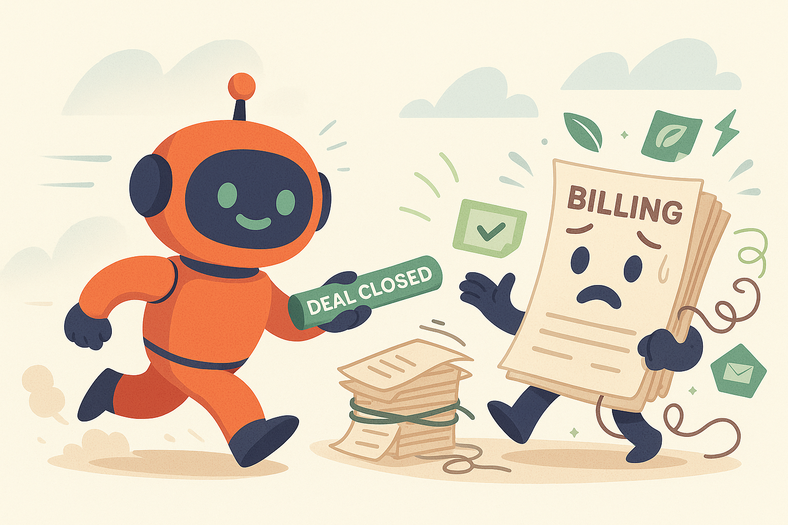 Cartoon illustration showing the contrast between excited robot closing a deal and overwhelmed billing character struggling with paperwork